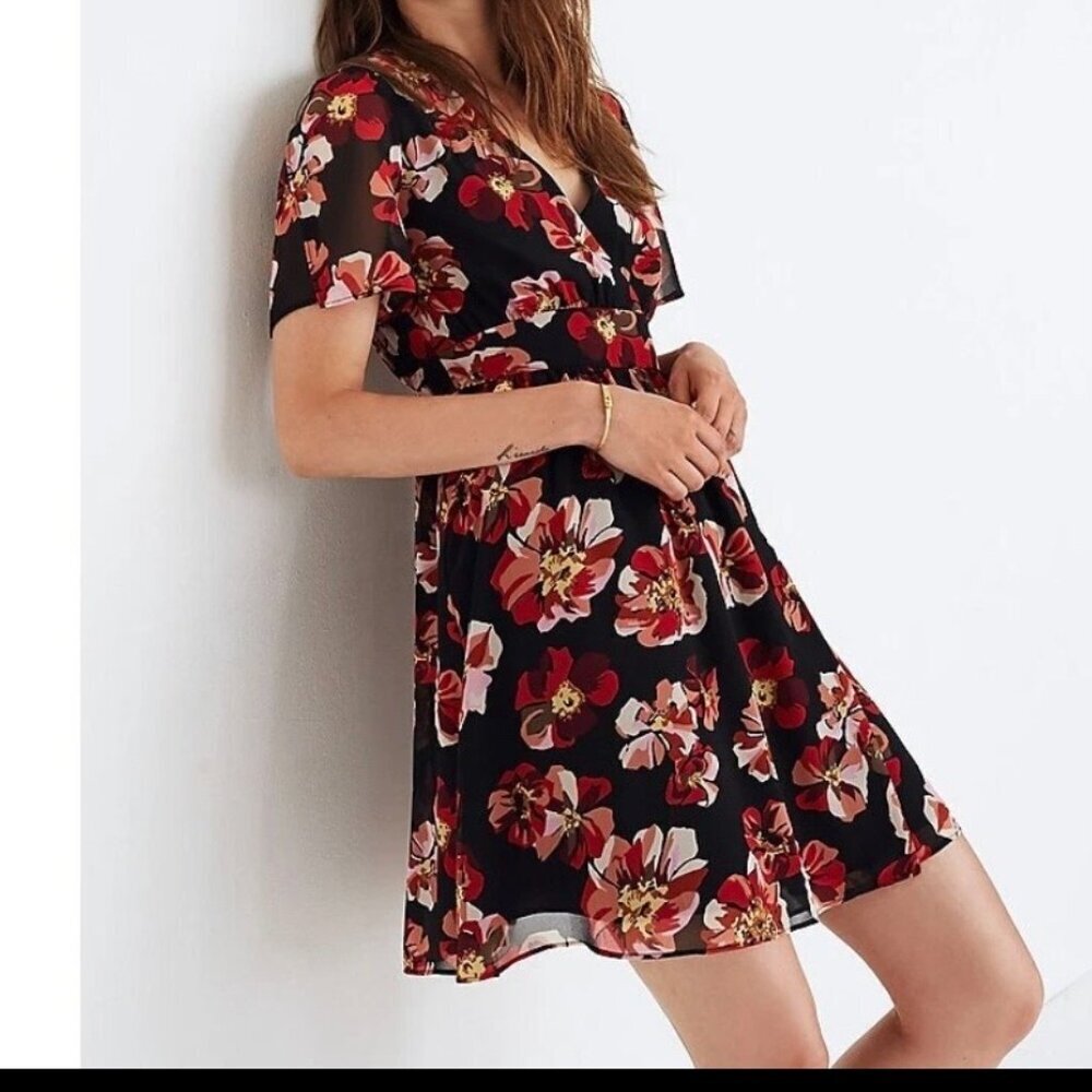 Madewell Black Floral Spring Wrap Dress Red Pink Short Sleeve Mini Size 6